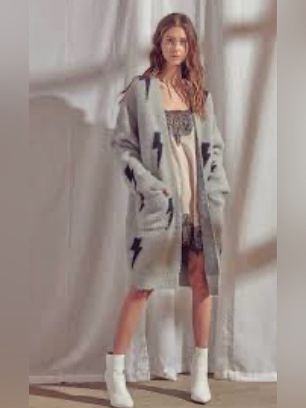 Storia- Long Open-Front Lightning Knit Cardigan Sweater - Grey